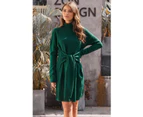 Azura Exchange Green Long Sleeve Tie Waist Turtleneck Pullover Sweater Dress Sweater Dresses Sweater