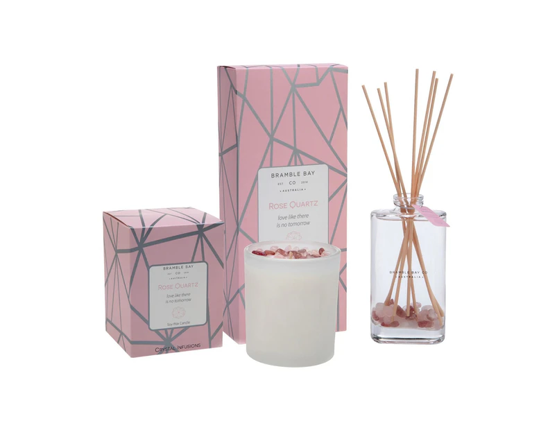 2pc Rose Quartz Crystal Infusions Scented Candle & Diffuser Set - 300g/150ml - Luxury Home Fragrance Oil Soy Wax Birthday Gift Box - by Bramble Bay