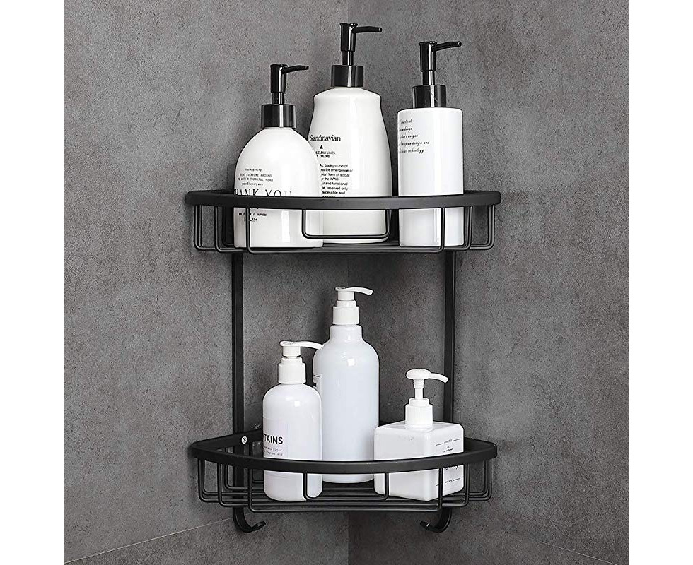 IGNPION Glass Shelf with Aluminum Rail Bathroom Rectangular Shower Caddy Basket Organiser Wall Mounted 