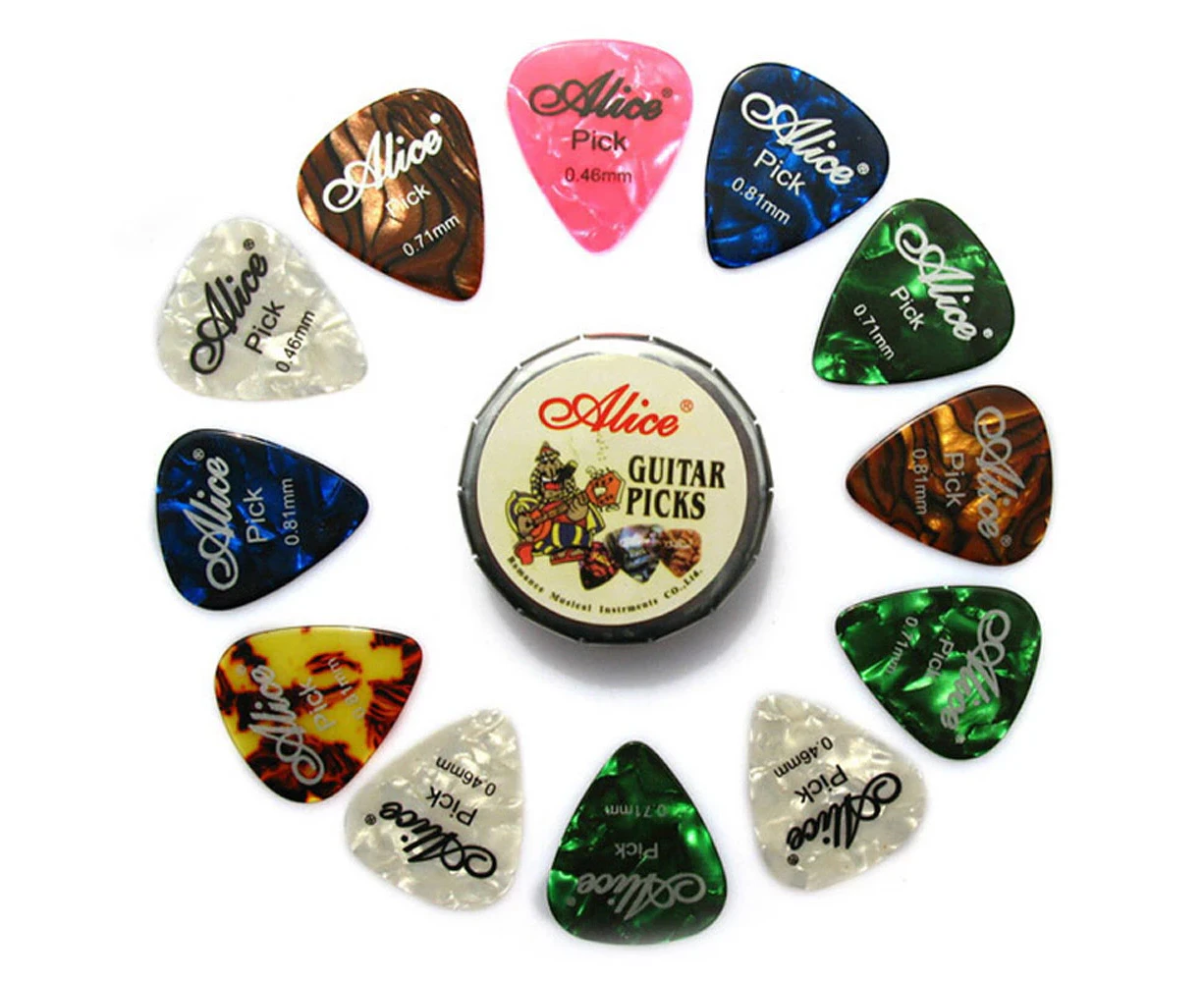 12Pcs Celluloid Acoustic Alice Guitar Picks Pick Set Bulk   Case Box Metal Tin