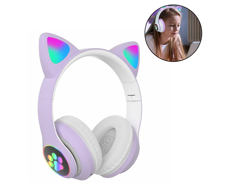 Headphones Cat Ear Wireless Headphones, LED Light Up Bluetooth Headphones Over On Ear with/Microphone for iPhone/iPad/Kindle/Laptop - Purple