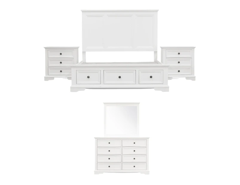 Celosia 5pc Queen Bed Frame Bedroom Suite Bedside Dresser Mirror Package - White