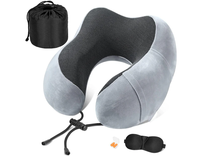 Travel Pillow Memory Foam Neck Pillow Airplane Travel Kit with 3D Sleep Mask Earplugs, Lightgrey