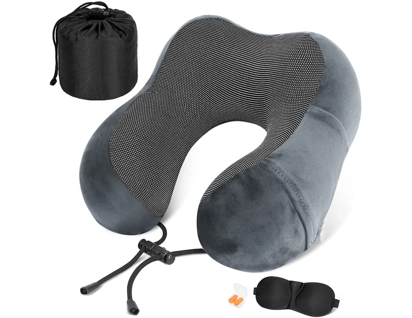 Travel Pillow Memory Foam Neck Pillow Airplane Travel Kit with 3D Sleep Mask Earplugs, Darkgrey