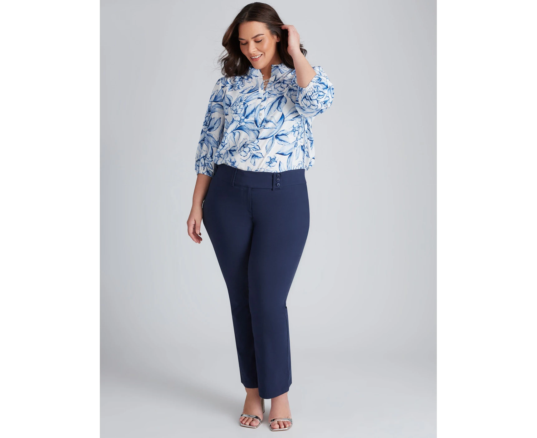 Autograph - Plus Size Womens Pants - Blue Summer Full Length - Slim Leg Trousers - Navy - Mid Waist - Woven - Elastane - Work Clothes - Office Wear