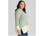 Beme Long Sleeve Colour Block Rolled Sleeve Jumper - Womens - Plus Size Curvy - Cream/Green