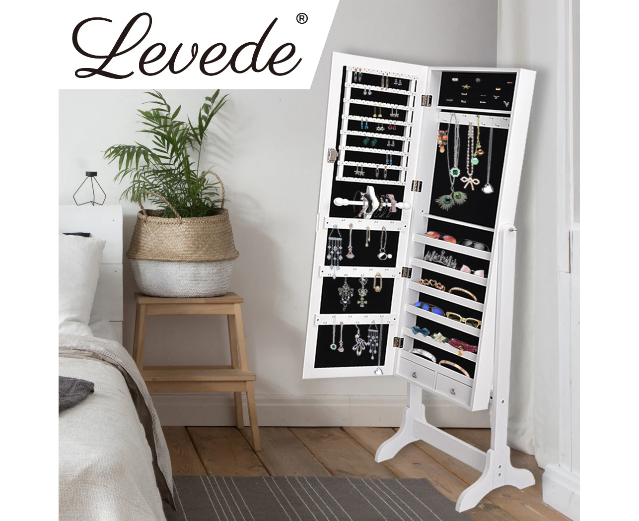 Levede Mirror Jewellery Cabinet Makeup Storage Jewelry Organiser Box Standing