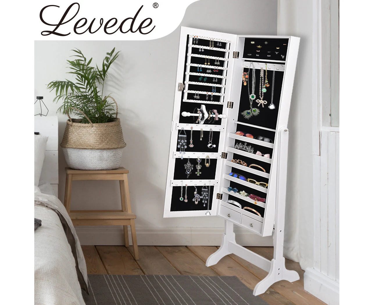 Levede Free Standing Mirrored Jewellery Dressing Cabinet with 2 Drawers White