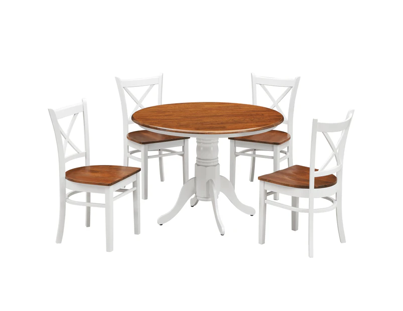 Lupin 5pc Dining Set 106cm Round Pedestral Table 4 Rubber Wood Chair - White Oak