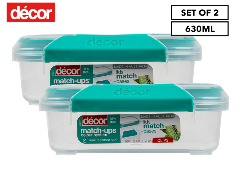 2 x Decor 630mL Match-ups Clips Storer Square - Clear/Teal