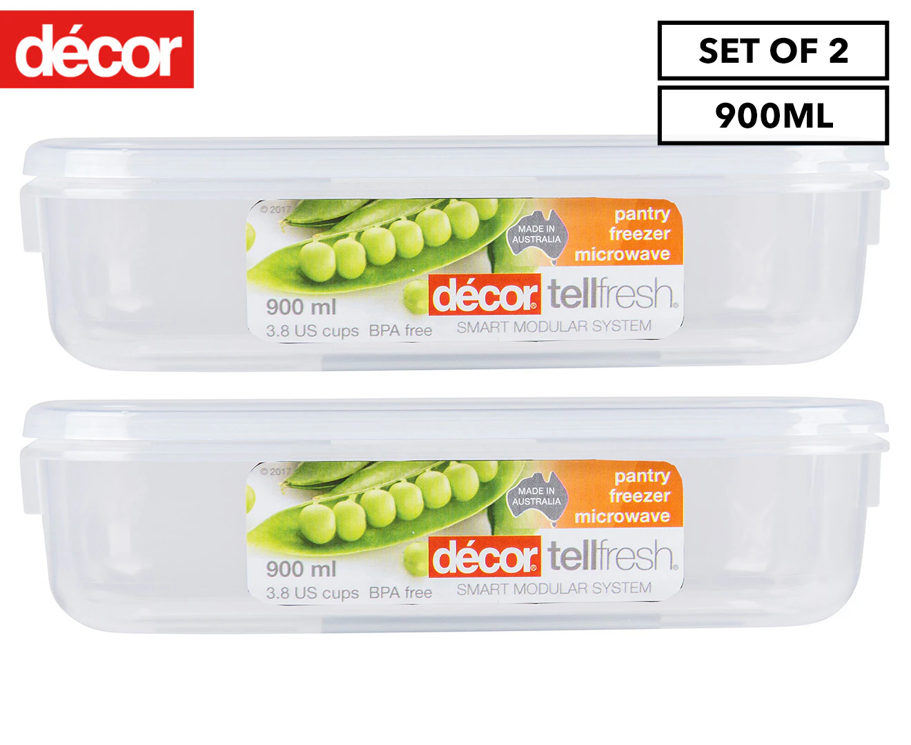 2 x Decor 900mL Tellfresh Oblong Storer Container