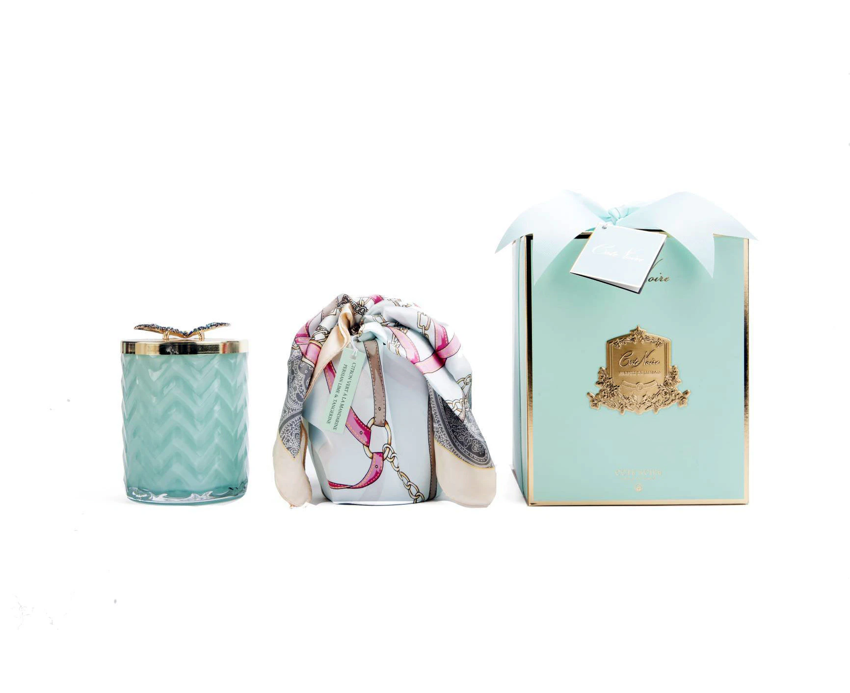 Cote Noire Herringbone Candle With Scarf - Jade - Butterfly Lid - HCG51