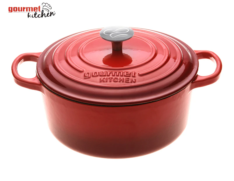 Gourmet Kitchen 24cm Cast Iron Casserole Pot - Black Cherry Red