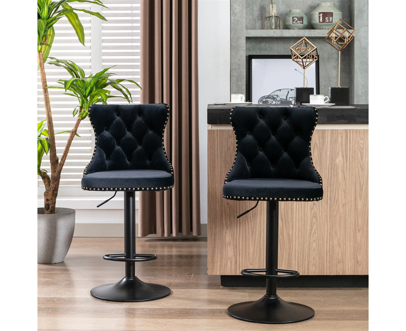 Benches Bar Stools 2X Height Adjustable Swivel Bar Stool Velvet Nailhead Barstool With Footrest