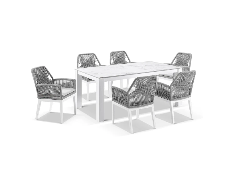 Hugo Ceramic 1.8m Outdoor Aluminium Dining Table with 6 Hugo Rope Chairs - Outdoor Dining Settings - White