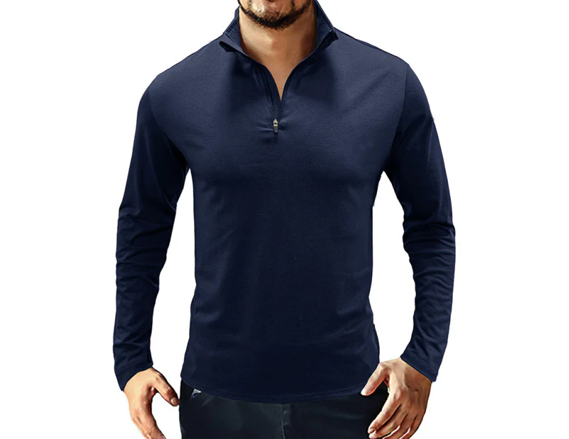 Bonivenshion Men's Polo Shirts Slim-Fit Mock Neck Pullover Long Sleeve Henley Shirts All-match Sport Shirts Basic Undershirt for Men-Navy