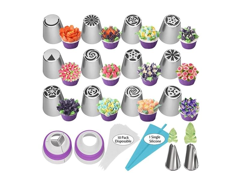 Silver 32Pcs Piping Nozzles Russian Piping Ball Tips Cake Decorating Tools Stainless Steel Icing Piping Tips Cake Russian Piping Nozzles Tips Kit 