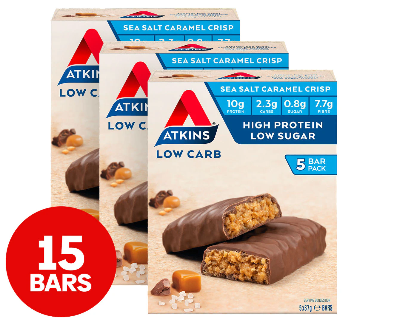 3 x 5pk Atkins Low Carb Bar Sea Salt Caramel Crisp 37g