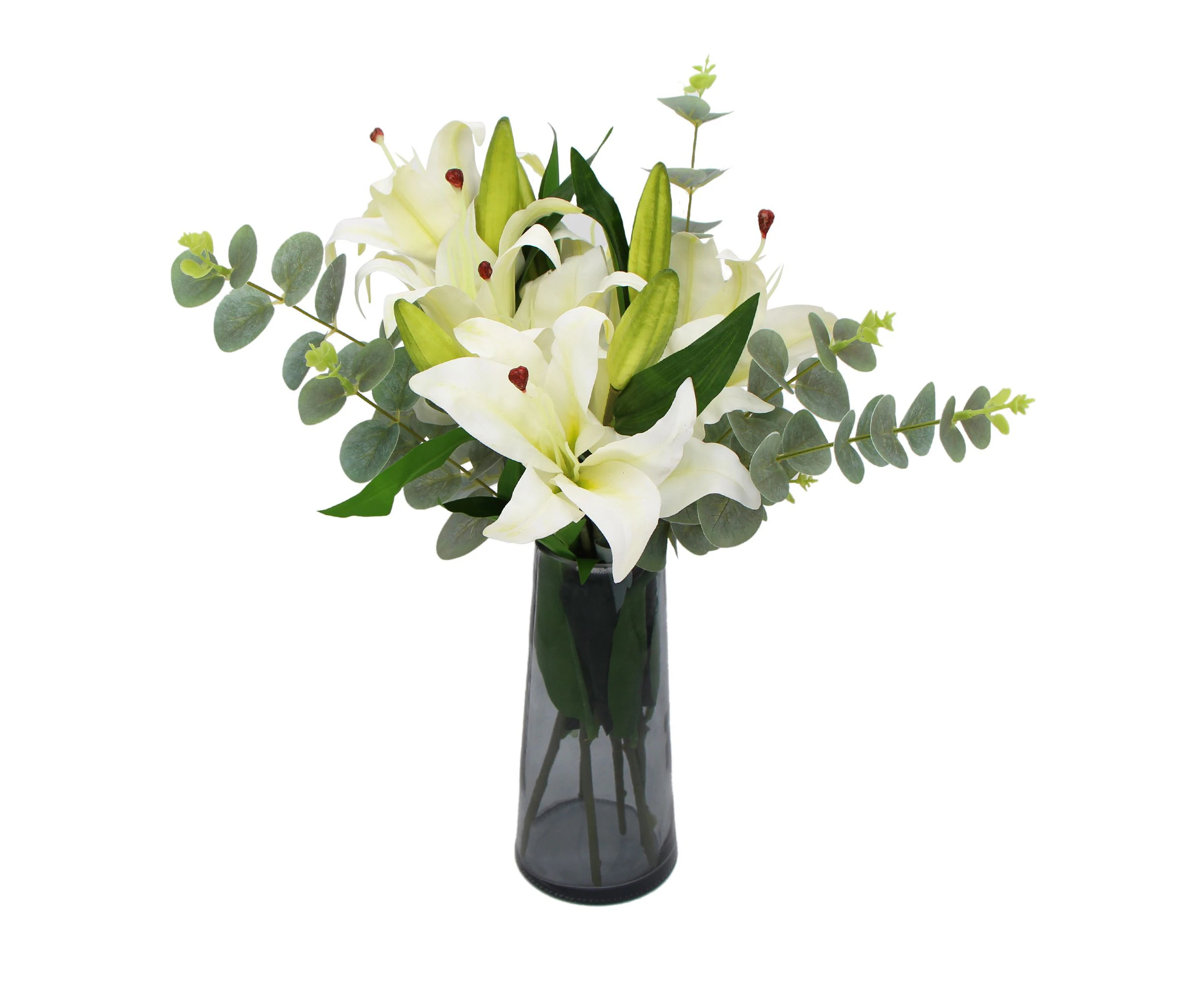 Premium Faux White Lily In Glass Vase (Tiger Lily Bouquet With Eucalyptus)