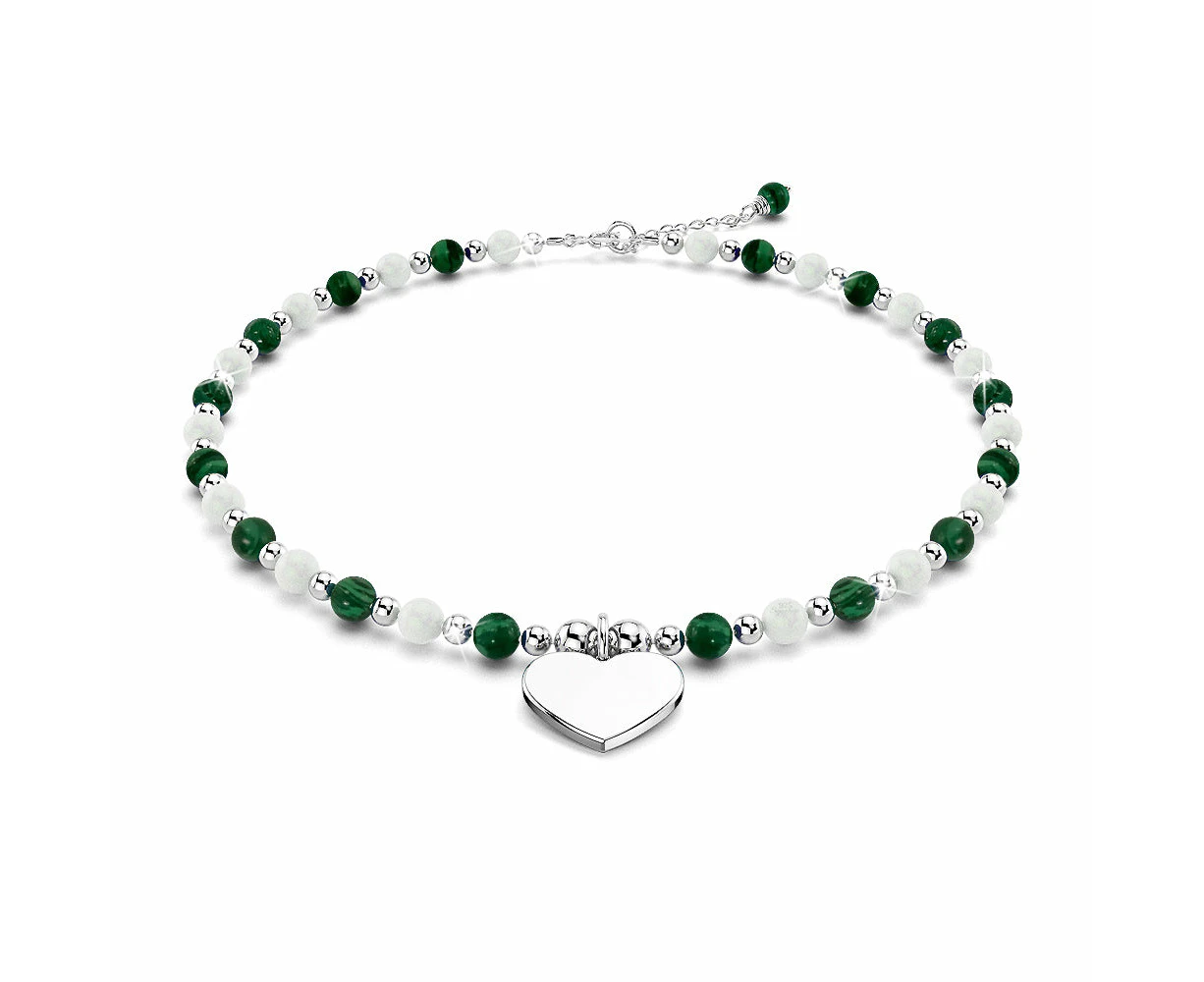 Solid 925 Sterling Silver Heart Green Malachite and Freshwater Pearls Beaded Bracelet