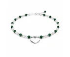 Solid 925 Sterling Silver Heart Green Malachite and Freshwater Pearls Beaded Bracelet