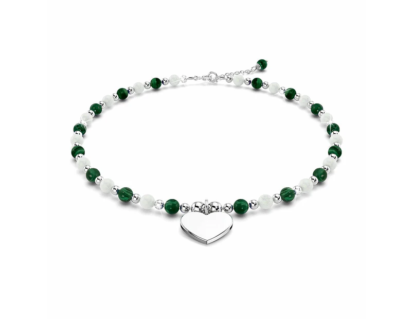 Solid 925 Sterling Silver Heart Green Malachite and Freshwater Pearls Beaded Bracelet