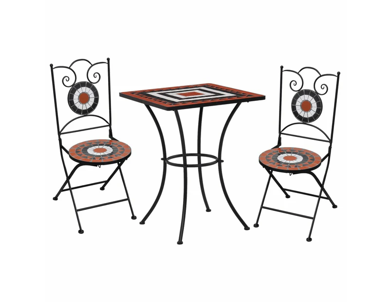 3 Piece Mosaic Bistro Set Ceramic Tile Terracotta and White