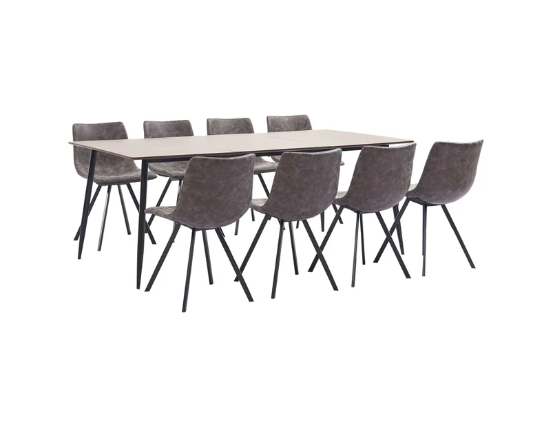 9 Piece Dining Set Brown Faux Leather