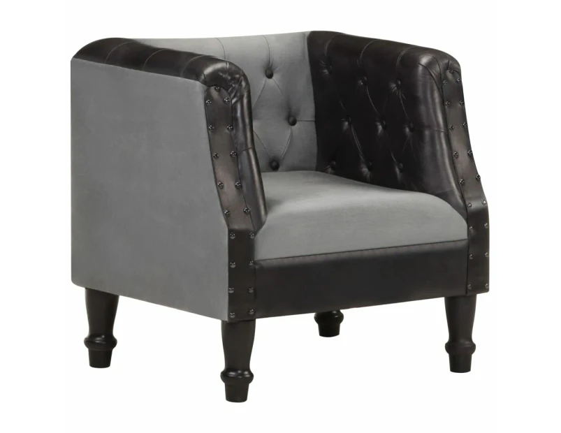 Tub Chair Black Real Leather and Solid Mango Wood