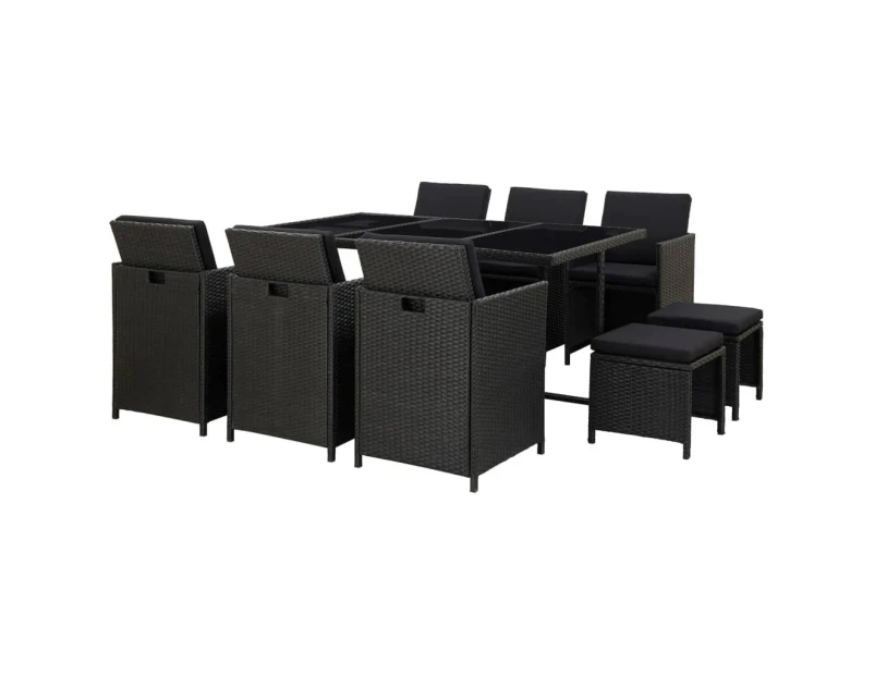 vidaXL 11 Piece Outdoor Dining Set with Cushions Poly Rattan Black