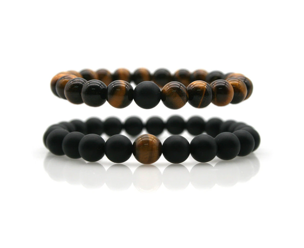 Georgiadis 2pcs Natural Tiger Eye & Black Stone Beaded Couple Relationship Bracelets