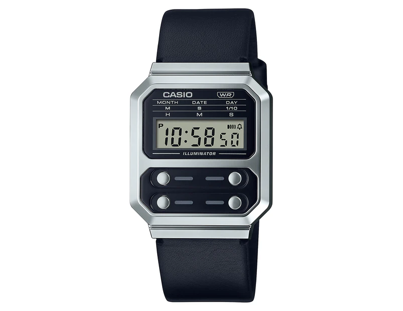 Casio 33mm A100WEL-1A Vintage Leather Watch - Silver/Black