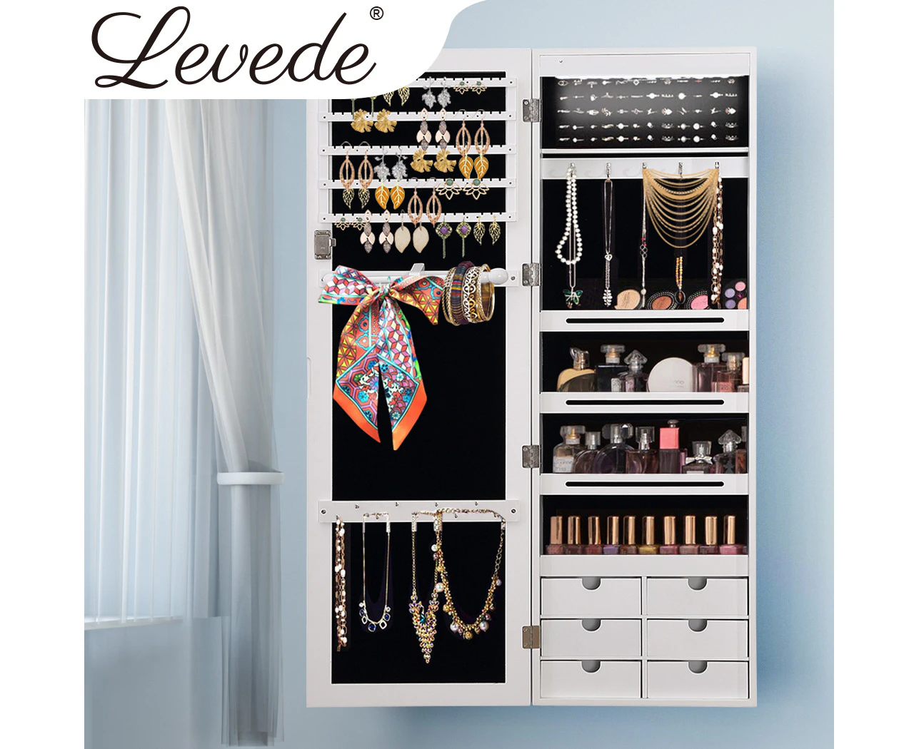 Levede Jewellery Cabinet Full Length Mirror Organizer Jewelry Box White