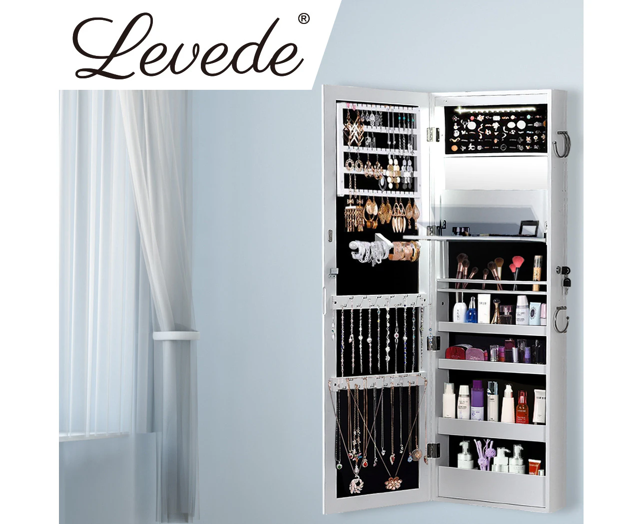 Levede Mirror Jewellery Cabinet Jewelry Box Wall Mounted Hang Over LED White