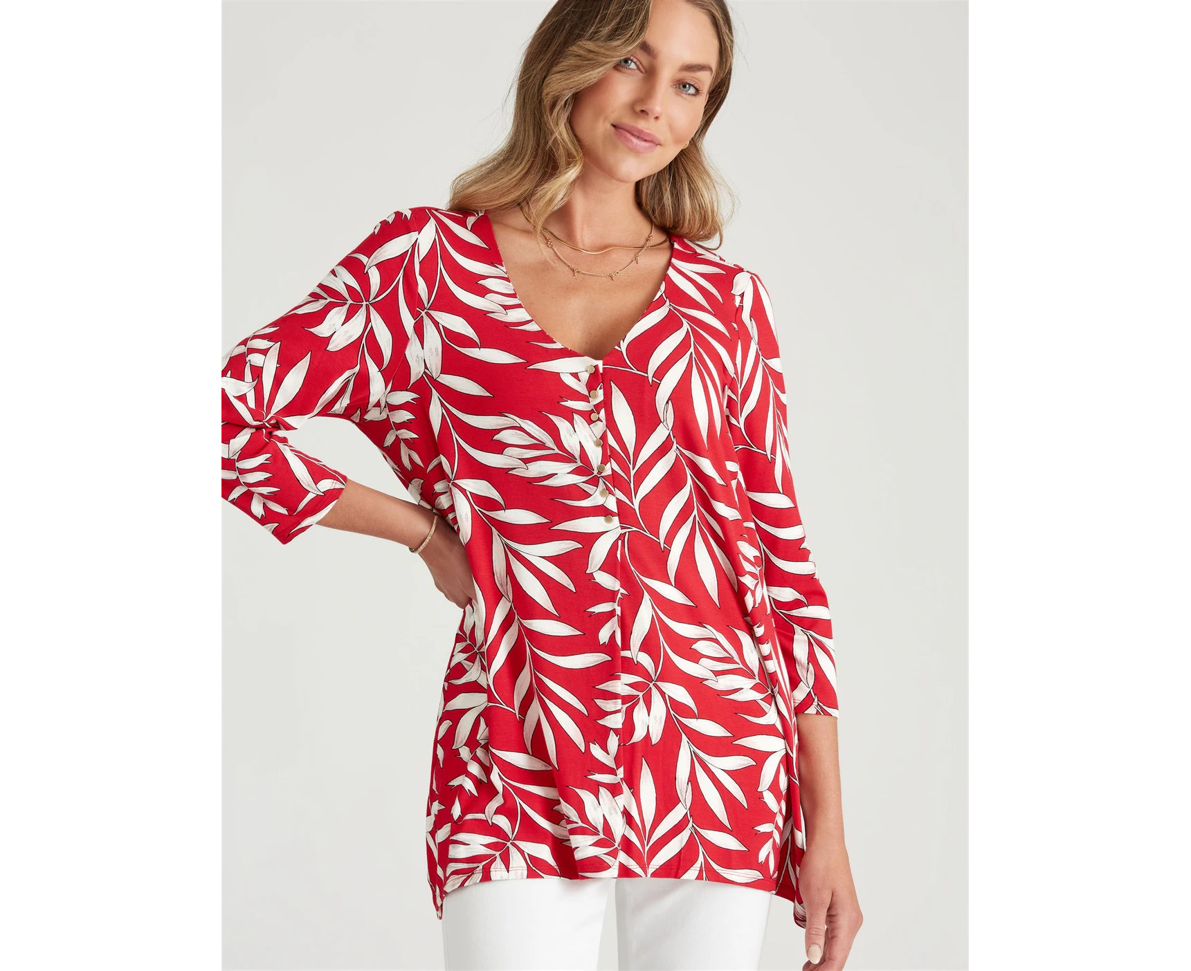 Rockmans - Womens Winter Tops - Red Basic - Floral - Office Wear - Work Clothes - 3/4 Sleeve - Knit - Elastane - Sharkbite - Smart Casual Fashion