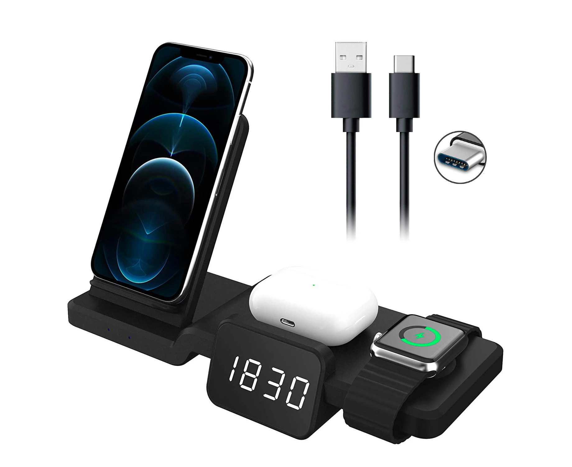 ZUSLAB 4 in 1 Wireless Charger Time Display Clock Charging Station for Apple iPhone Series 15/14/13/12/11/XR & Watch 9/8/7/6/5/SE & AirPods Pro/3/2 - Black