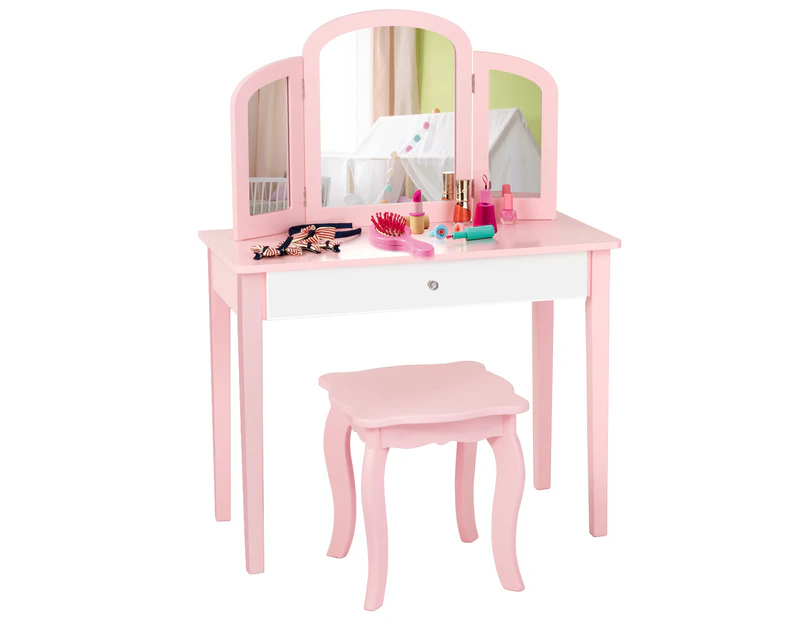 Giantex Kids Makeup Dressing Table Stool Set Folding Mirror Princess Vanity Writing Desk Birthday Gift w/Drawer,Pink