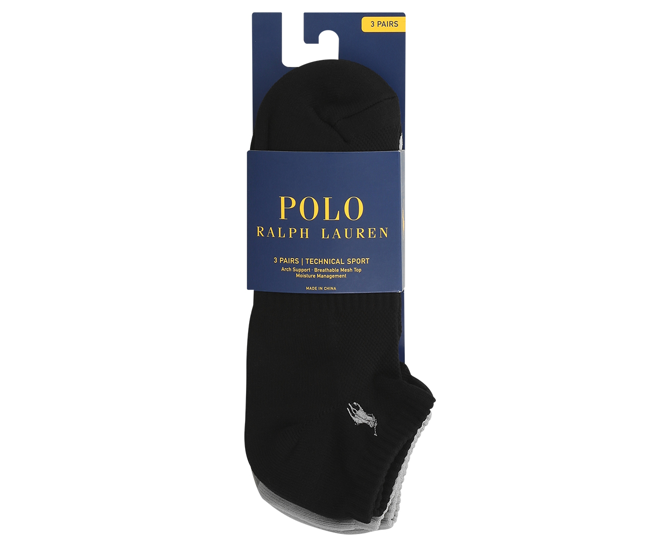 Polo Ralph Lauren Men's Size 10-13 Technical Sport Low Cut Socks 3-Pack -  Black Assorted 