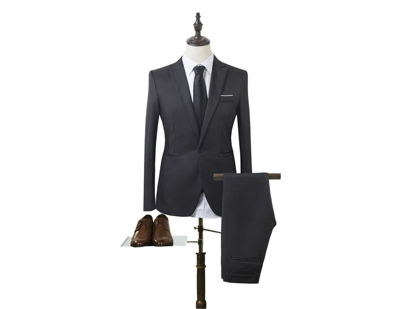 sunwoif Men Plain Formal Suit Two Piece Blazer Coat Pants Wedding Party Business Outfit Set - Black
