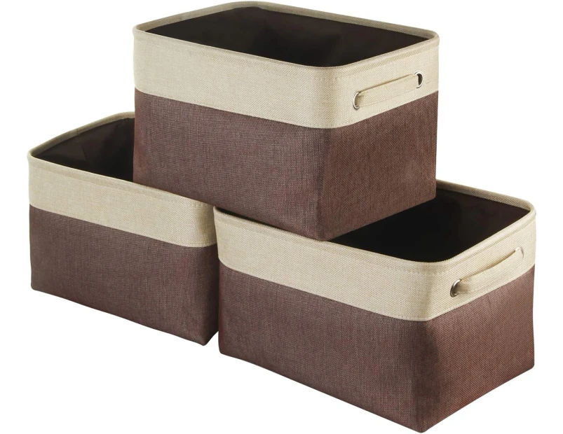 Foldable Storage Bin Basket Set [3-Pack] Canvas Fabric Collapsible Organizer With Handles Storage Cube Box For Home Office Closet - Coffee