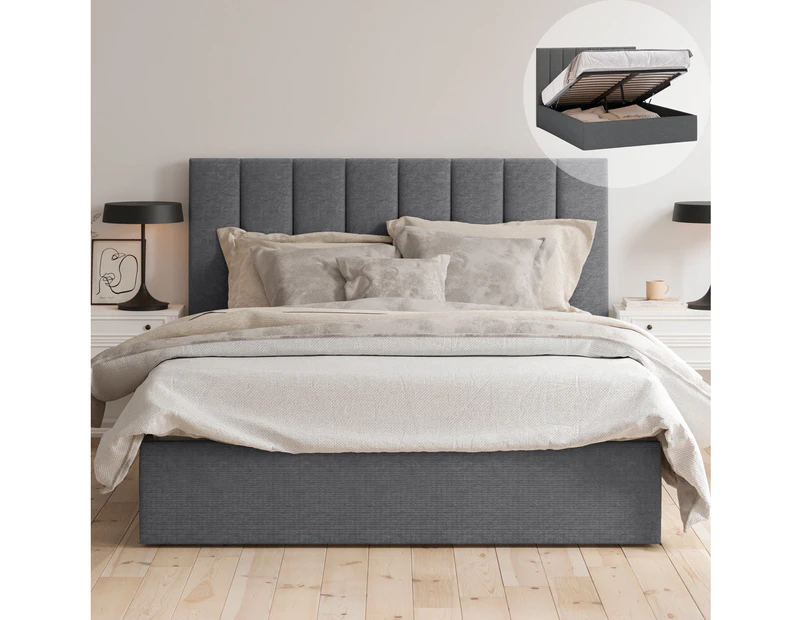 Gas Lift Storage Bed Frame with Vertical Panel Bed Head in King, Queen and Double Size (Charcoal Corduroy Velvet)