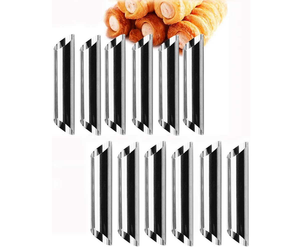 12pcs Cannoli Shapes Cake Mold Stainless Steel Cannoli Tubes shells Horn Cream Horn Pastry Baking Mold Silver 