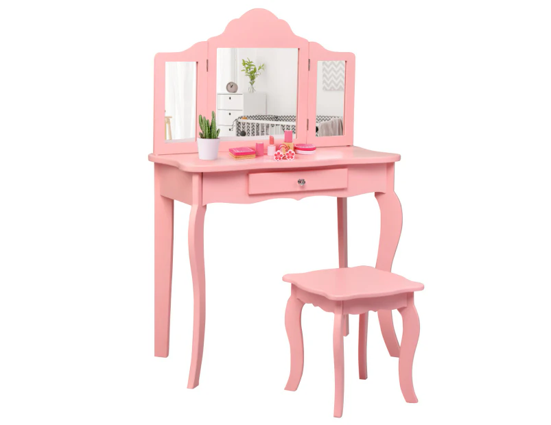 Giantex Kids Makeup Dressing Table Stool Set Folding Mirror Princess Vanity Writing Desk w/Large Drawer&2 Storage Boxes, Pink