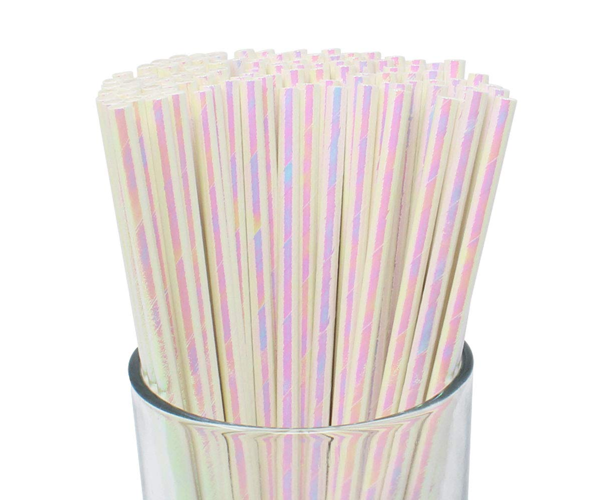 Just Artifacts Iridescent Disposable Drinking Party Paper Straws 100pcs, Silver 