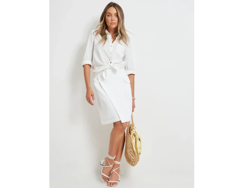 Rockmans Knee Length Linen Mock Wrap Skirt - Womens - White