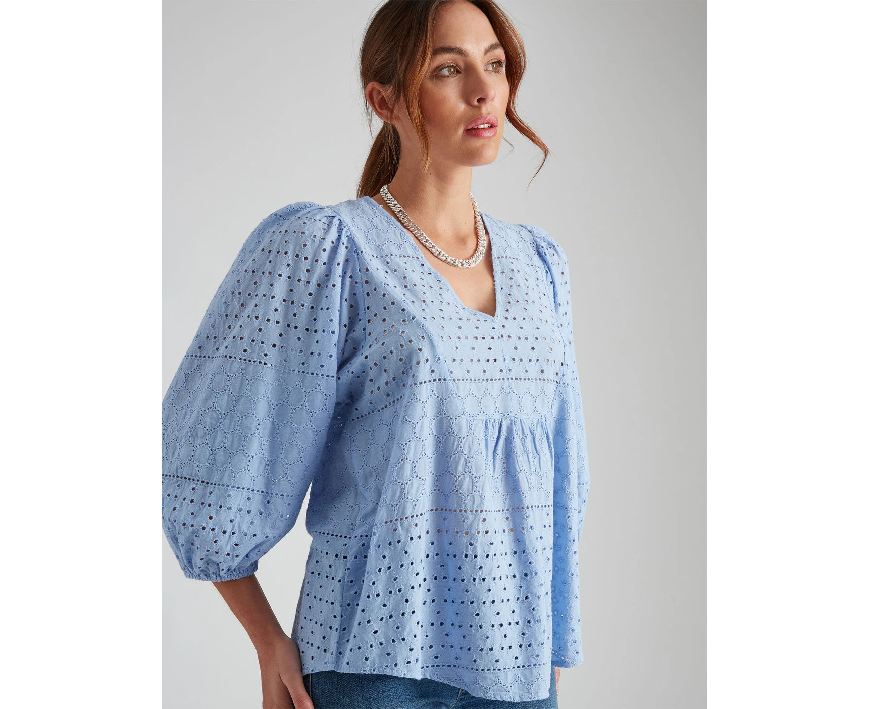 Katies Cotton Broderie 3/4 Sleeve Peasant Top - Womens - Blue