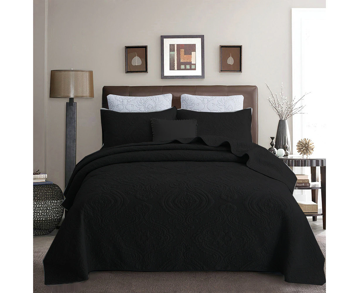 Queen King Super King Size Bed Microfibre Cotton Coverlet Bedspread Set Comforter Embroidery Quilt Damask Black