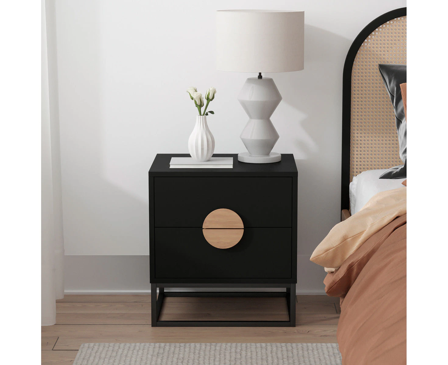 Black Wooden Bedside Table with Semi-Circle Handles