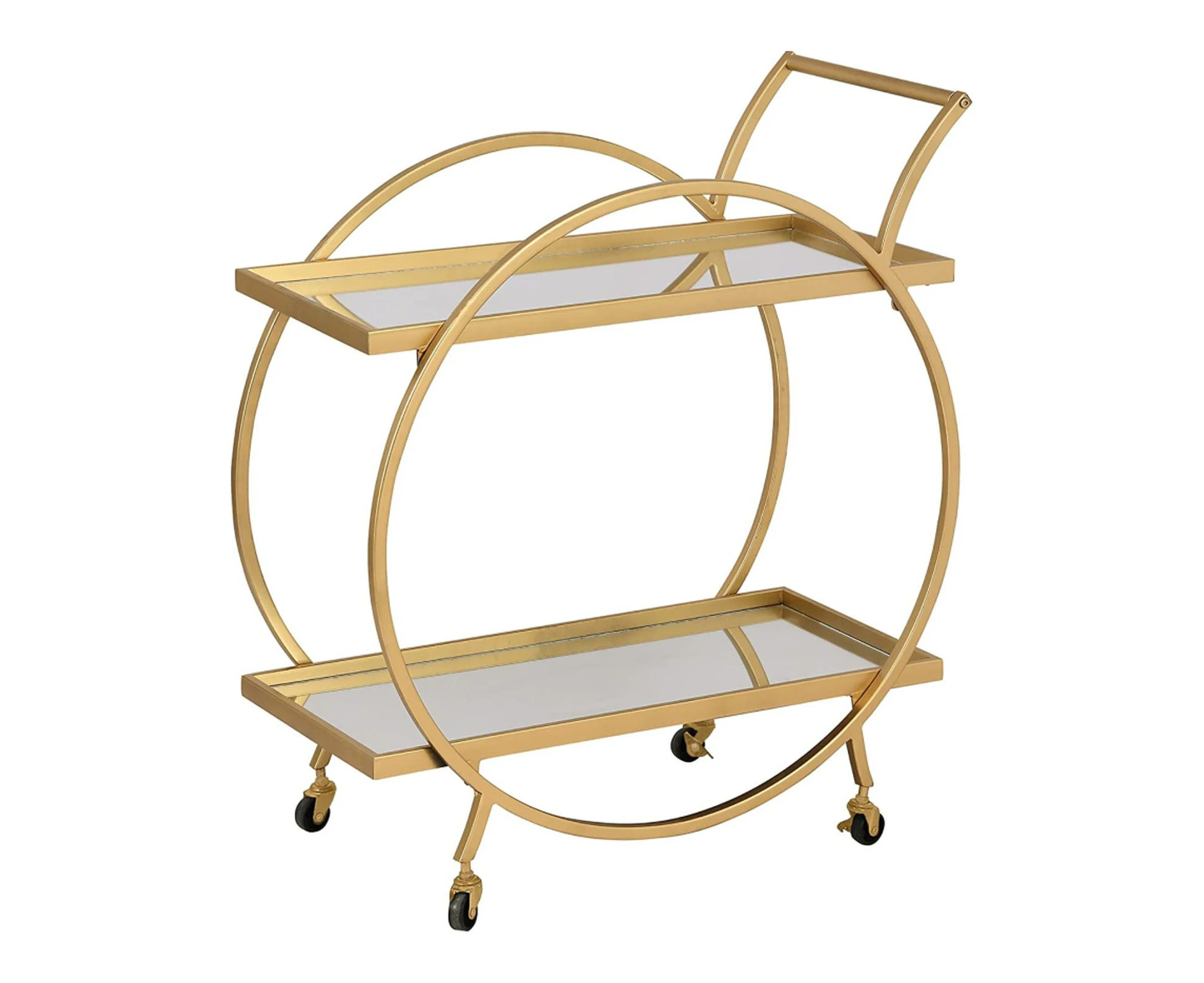 Gold Bar Cart Drinks Trolley Coffee Wine Tea Kitchen Serving Rack Round Outdoor Shelf Vintage with 2 Mirror Shelves Handle