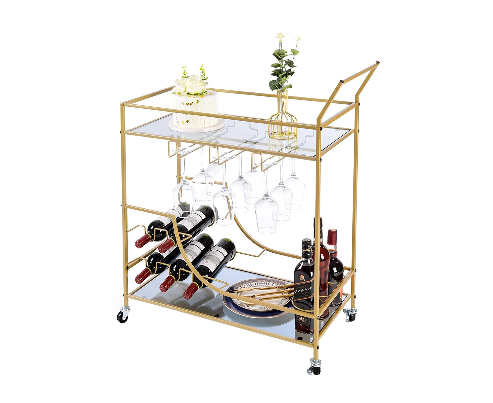 Gold Bar Cart Drinks Trolley Wine Coffee Tea Kitchen Serving Rack Wine Hooks Holders Rack Curtain Wall Mirror Shelves